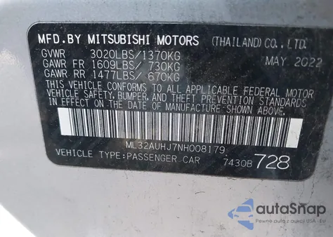 2022 Mitsubishi Mirage Es/Le from USA, damaged, VIN ML32AUHJ7NH008179